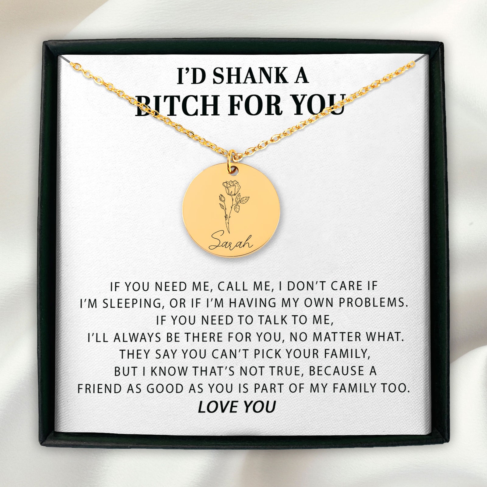 I'd Shank A Bitch For You Personalized Friendship Birth Flower Necklace | Unbiological Sister Gift | Long Distance Friendship Jewelry | Best Friend Appreciation Gift