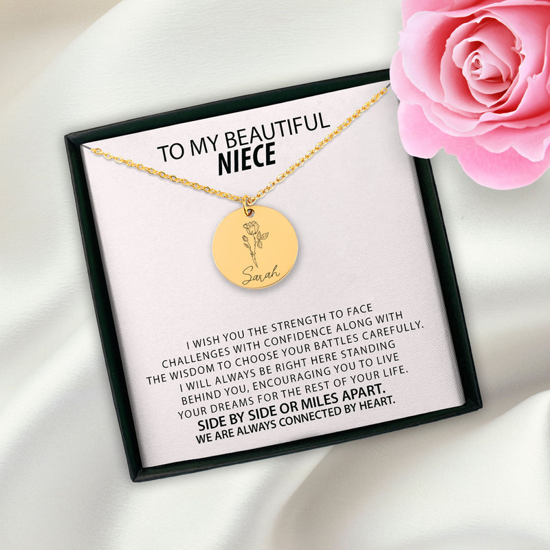 To My Beautiful Niece Personalized Birth Flower Necklace | Gifts for Niece, From Uncle, From Aunt | Customized Birth Flower Gift for Girls