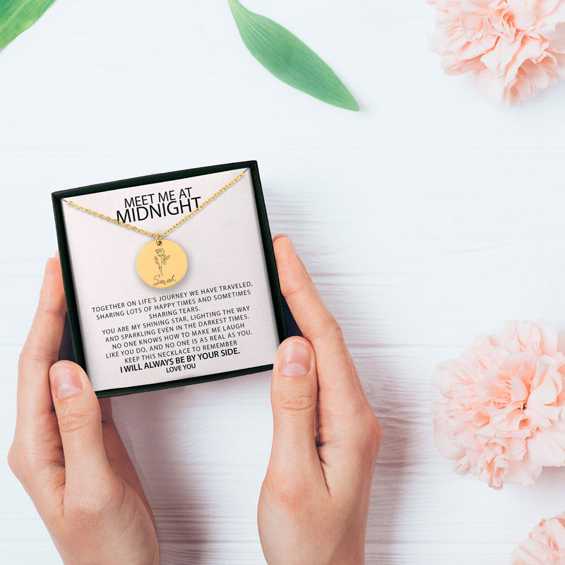Personalized Meet Me At Midnight Birth Flower Necklace | Custom Engraved Birth Month Pendant Gift for Best Friend | Sister Birthday Gifts