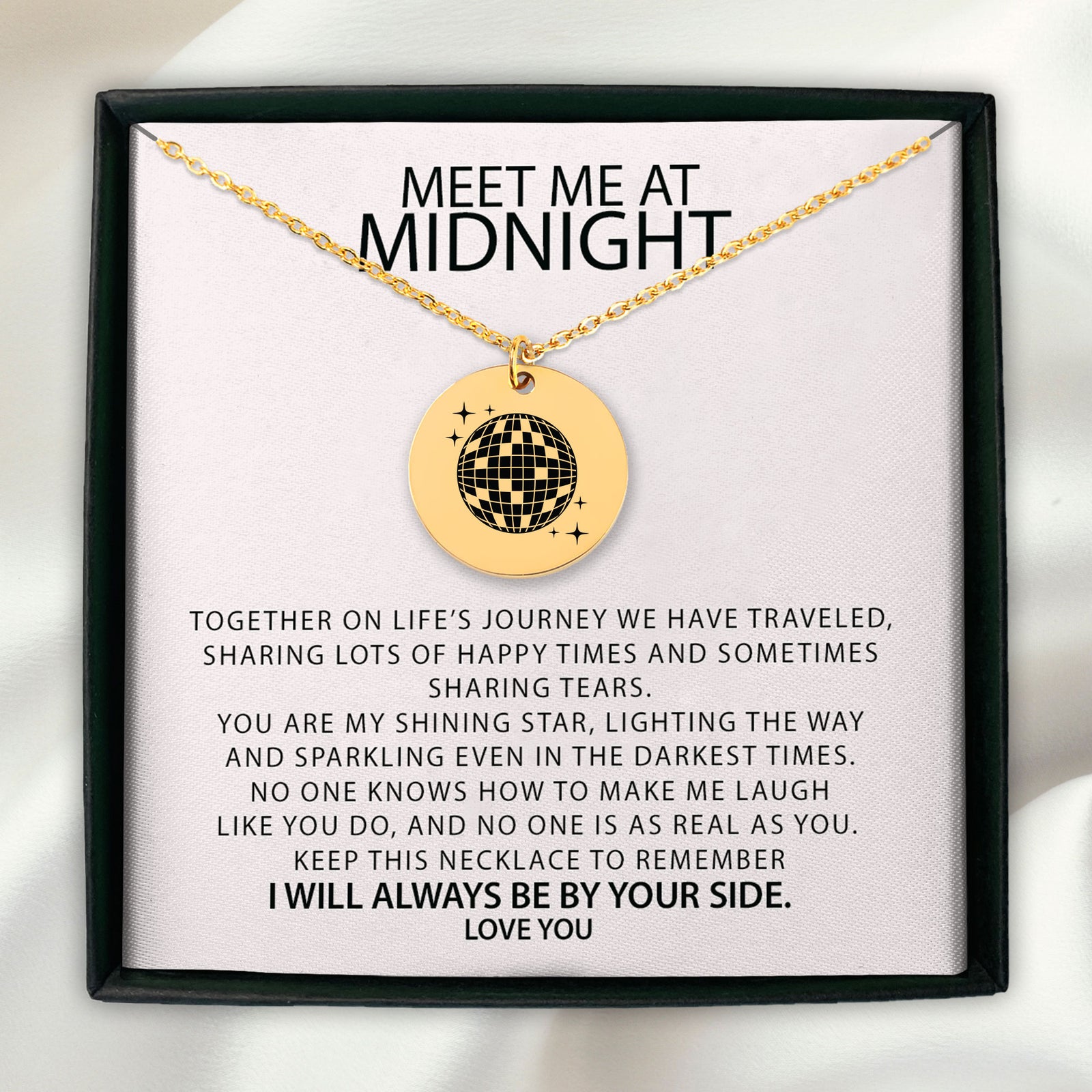 Personalized Disco Ball Necklace | Meet Me At Midnight Mirrorball Pendant | Custom Engraved Mirror Ball Jewelry | Necklace for Best Friend