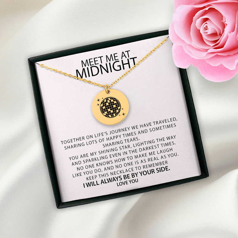 Personalized Disco Ball Necklace | Meet Me At Midnight Mirrorball Pendant | Custom Engraved Mirror Ball Jewelry | Necklace for Best Friend