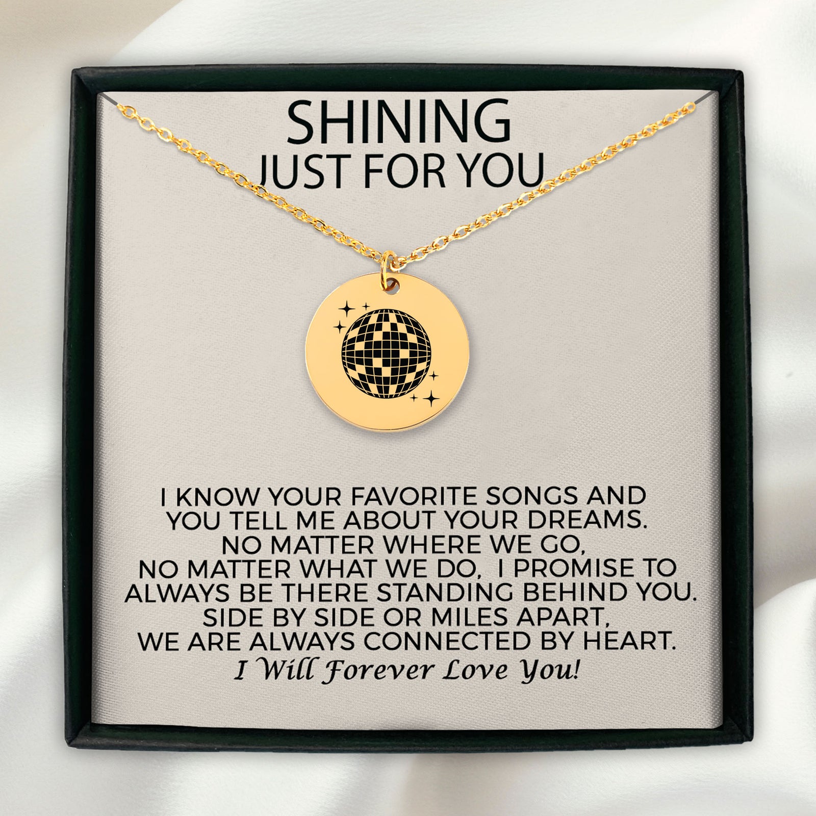 Personalized Mirrorball Necklace | Shining Just For You Custom Engraved Circle Pendant for Best Friend, Sister | Mirror Ball Disco Jewelry