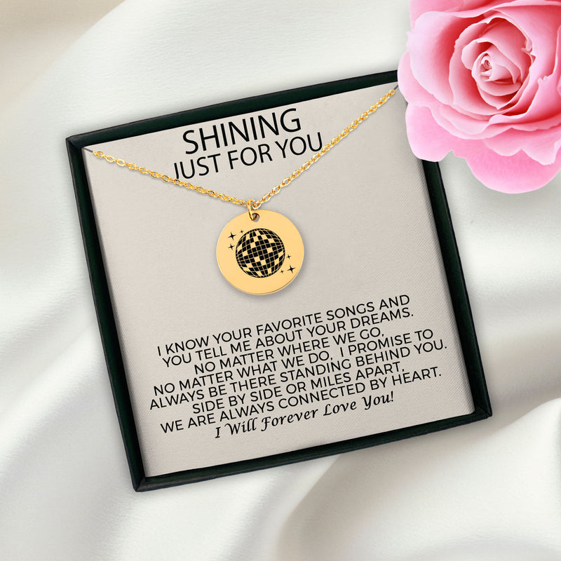 Personalized Mirrorball Necklace | Shining Just For You Custom Engraved Circle Pendant for Best Friend, Sister | Mirror Ball Disco Jewelry