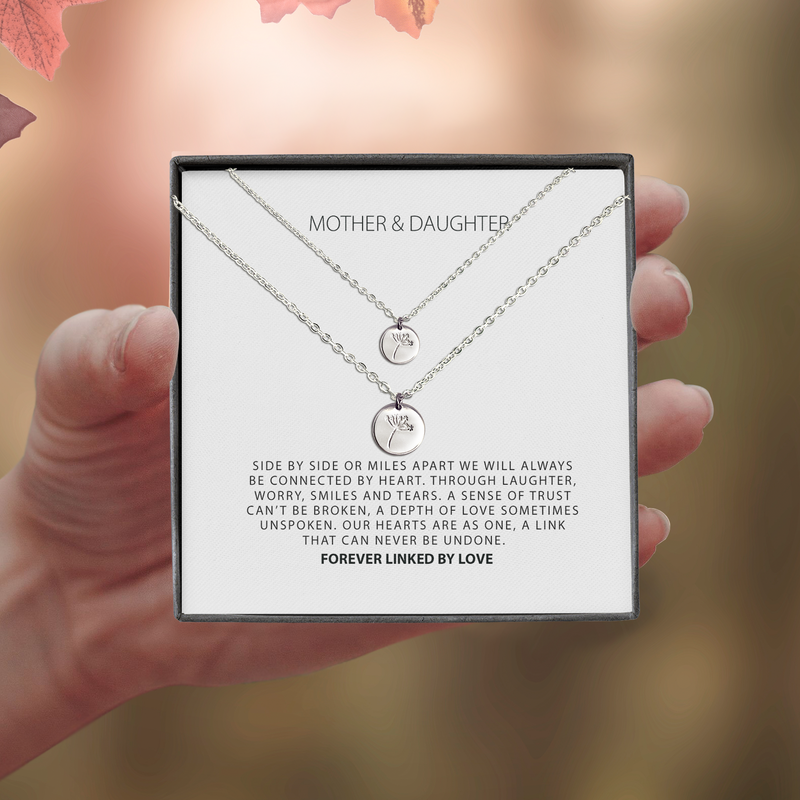 Mother Daughter Connected By Heart Necklace | Mother Daughter Dandelion Necklace Gift Set |  Mother Daughter Gifts Sterling Silver Necklaces