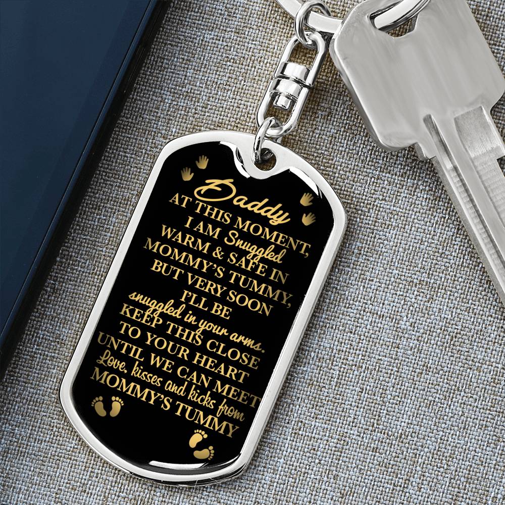 Daddy To Be "Snuggled In Your Arms" w. Engraving Keychain | Message from Baby Bump | New Dad | Pregnancy Announcement