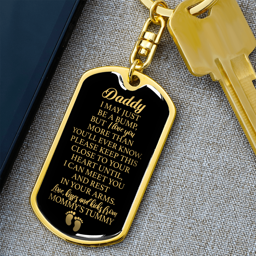 "Daddy to Be" Love, Kisses And Kicks From Mommy's Tummy Keychain w. ENGRAVING