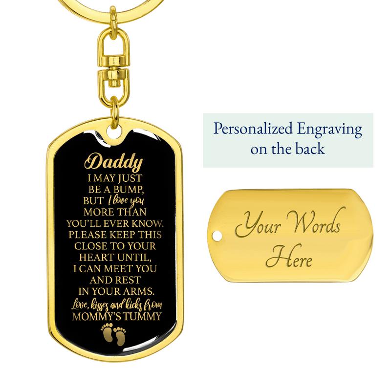 "Daddy to Be" Love, Kisses And Kicks From Mommy's Tummy Keychain w. ENGRAVING