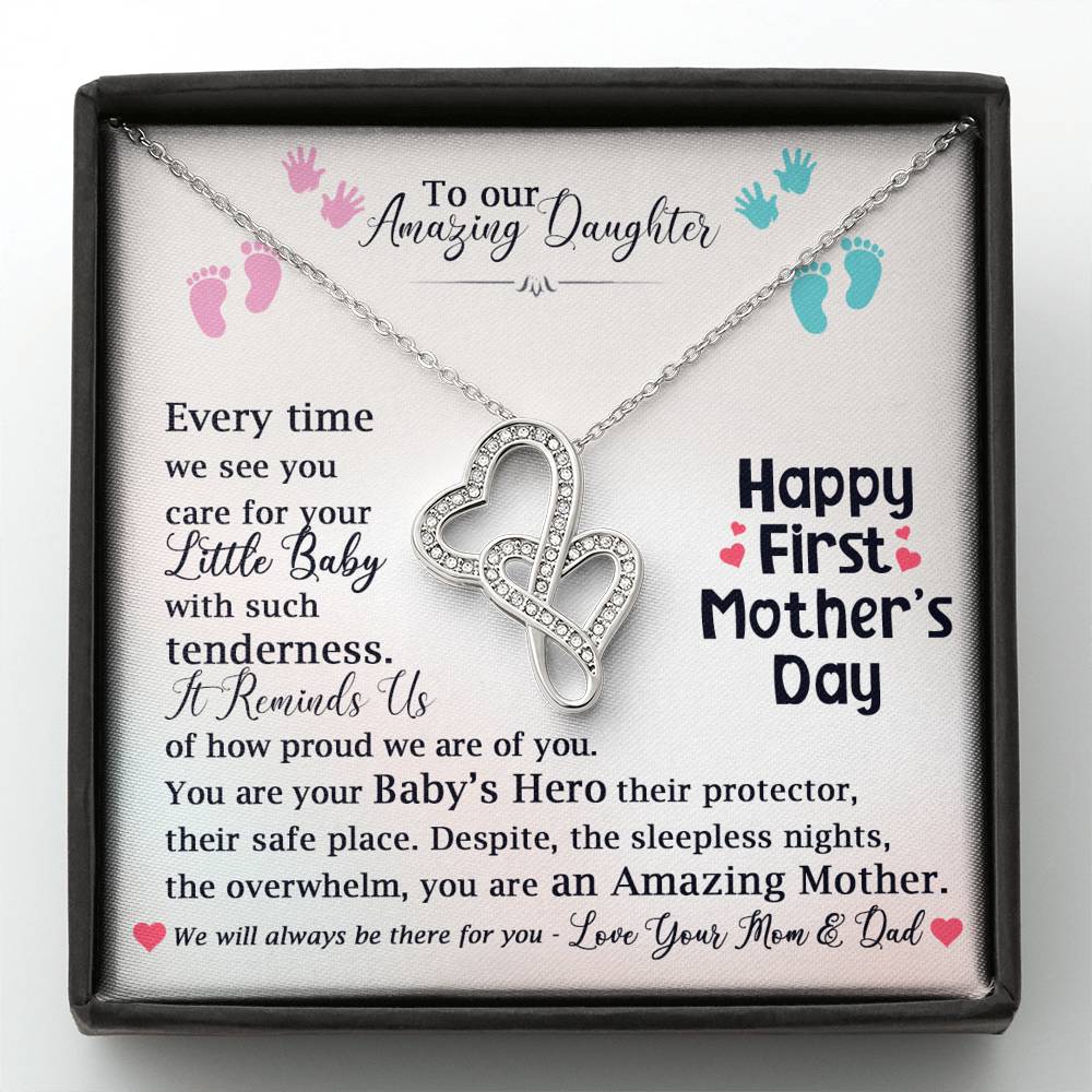 To Our Daughter, Happy First Mother's Day Double Heart | Necklace | Gift from Mom & Dad to Daughter | Push Present | First Mother's Day Gift