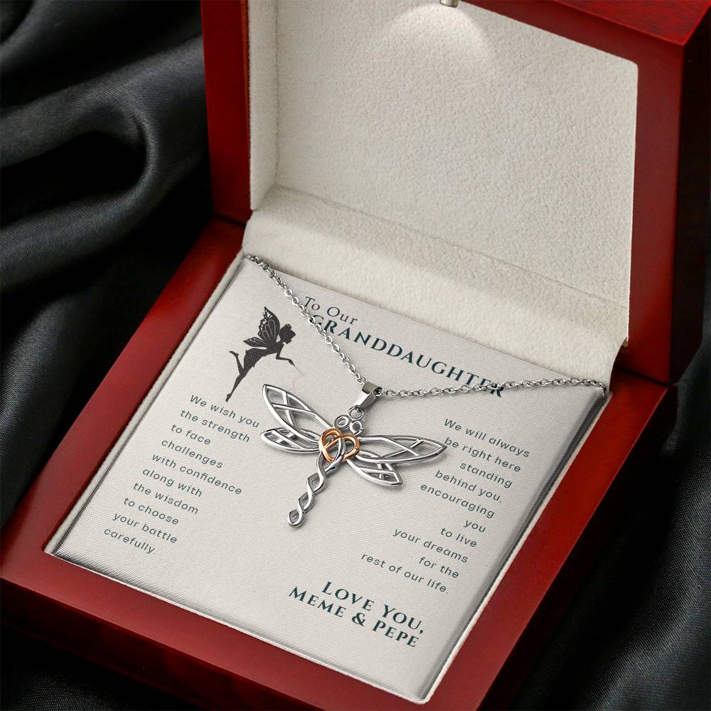 To Our Granddaughter, Live Your Dreams Dragonfly Love Your Meme & Pepe Necklace | Gift for Granddaughter