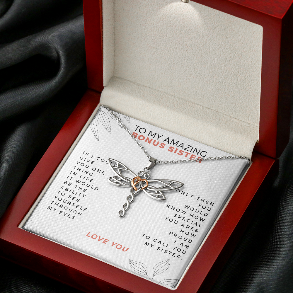 To My Amazing Bonus Sister Love Your Sister Dragonfly Necklace | Gift for Bonus Sister | Bonus Sister Birthday, Graduation, Christmas Gift