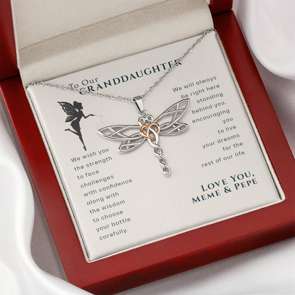 To Our Granddaughter, Live Your Dreams Dragonfly Love Your Meme & Pepe Necklace | Gift for Granddaughter