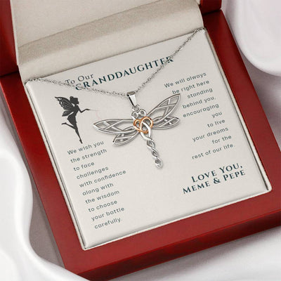 To Our Granddaughter, Live Your Dreams Dragonfly Love Your Meme & Pepe Necklace | Gift for Granddaughter