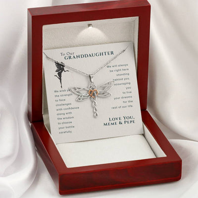 To Our Granddaughter, Live Your Dreams Dragonfly Love Your Meme & Pepe Necklace | Gift for Granddaughter