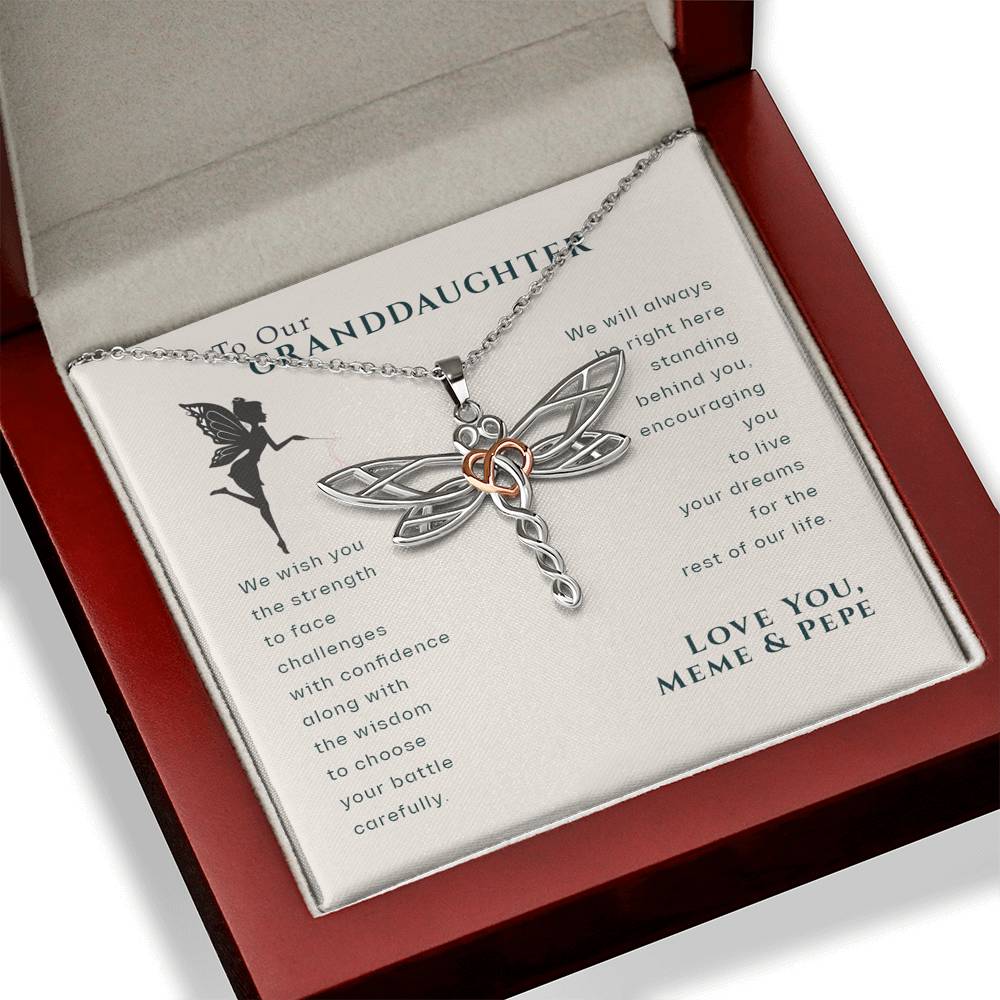 To Our Granddaughter, Live Your Dreams Dragonfly Love Your Meme & Pepe Necklace | Gift for Granddaughter