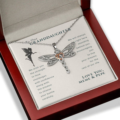 To Our Granddaughter, Live Your Dreams Dragonfly Love Your Meme & Pepe Necklace | Gift for Granddaughter