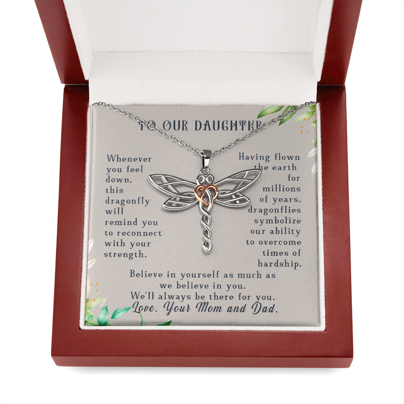To Our Daughter, Believe In Yourself Dragonfly Necklace | Gift for Daughter from Mom and Dad | Birthday, Graduation Present,