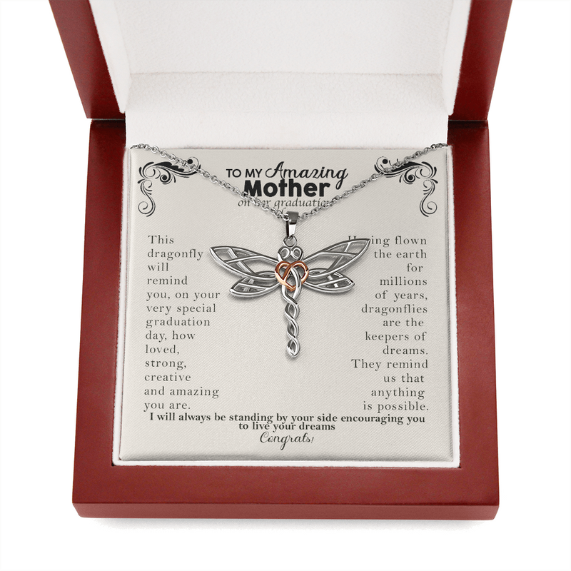To My Amazing Mother On Her Graduation Day Dragonfly Necklace | Mom Graduation Gift Necklace, Gift for Mom Graduation, Graduation Gift for Mom