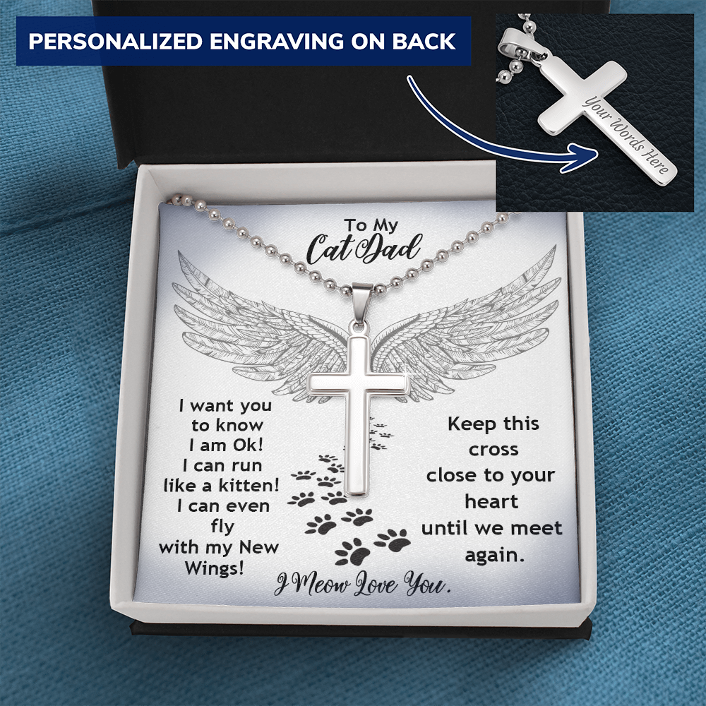 To My Cat Dad Until We Meet Again Personalize Cross Necklace | Loss of Cat memorial Necklace For Him | Cat loss Gifts | Rainbow Bridge Cat | Pet Sympathy Gift