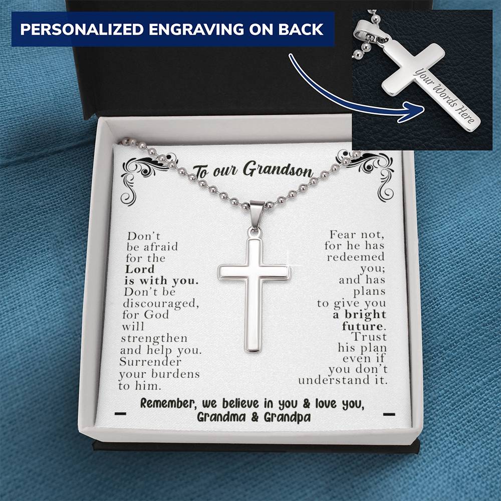 To Our Grandson, Trust His Plan Cross Necklace | Gift from Grandma & Grandpa to Grandson, Grandson Birthday, Communion, Deployment, Graduation