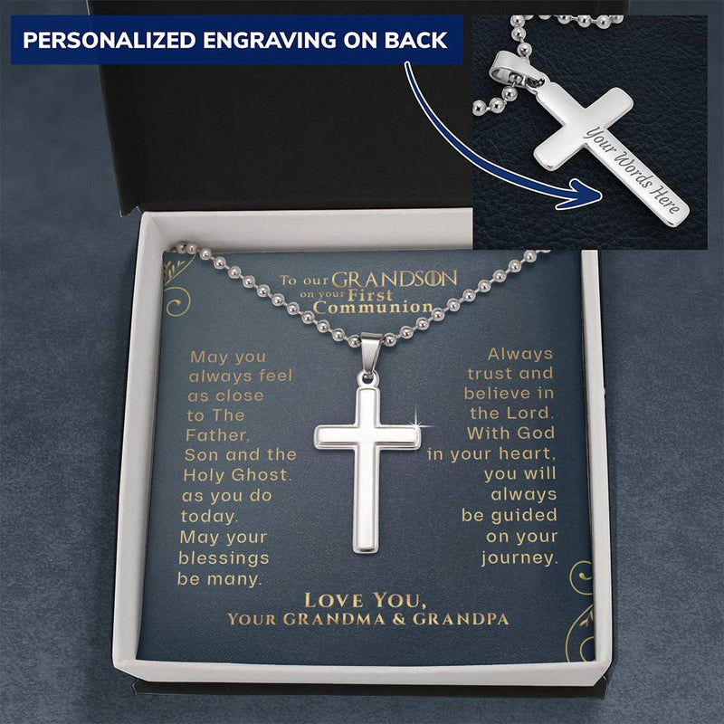To Our Grandson On Your First Communion Cross Necklace Gift,  From Grandparents First Communion Gift, Catholic First Communion