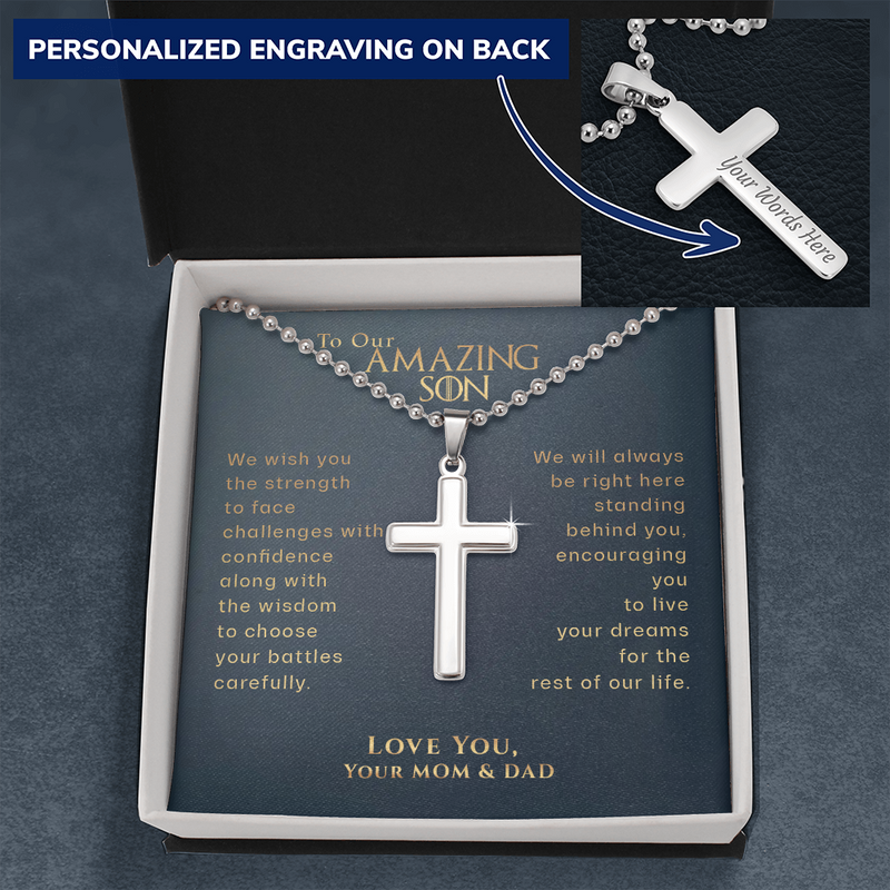 To Our Amazing Son Live Your Dreams Cross Necklace | Gift for Son from Mom & Dad | Son Christmas Gift, Birthday, Communion, Graduation Gift