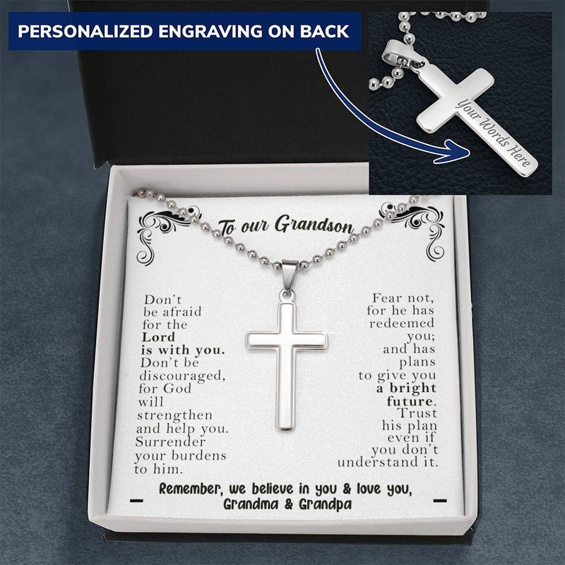 To Our Grandson, Trust His Plan Cross Necklace | Gift from Grandma & Grandpa to Grandson, Grandson Birthday, Communion, Deployment, Graduation