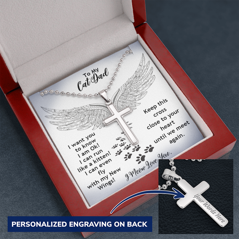To My Cat Dad Until We Meet Again Personalize Cross Necklace | Loss of Cat memorial Necklace For Him | Cat loss Gifts | Rainbow Bridge Cat | Pet Sympathy Gift