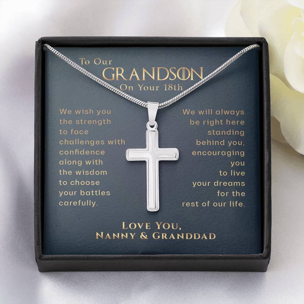 To Our Grandson on your 18th Birthday, Live Your Dreams Cross Necklace | Gift for Grandson from Grandmother & Grandfather | Grandson Birthday, Graduation, Christmas Gift