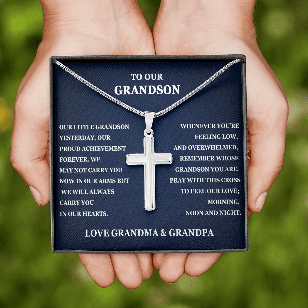 Personalized To Our Grandson Personalized Cross Necklace | Whenever You Are Feeling Low | Gift From Grandparents | Grandson Birthday, Graduation