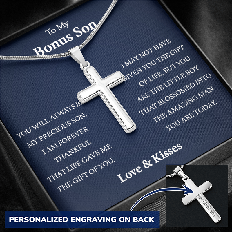 Personalized To My Bonus Son Cross Necklace| You will Always be My Son| Gift from Step Mom| Gift from Step Dad| Step Son Birthday, Graduation Gift