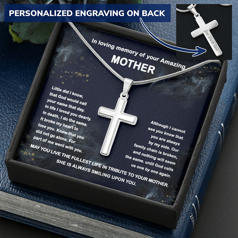 Personalized In Loving Memory Of Your Amazing Mother Cross Necklace Chain Link | Mom Memorial Necklace | Loss of Mother Gift | Mother Loss Sympathy Gift
