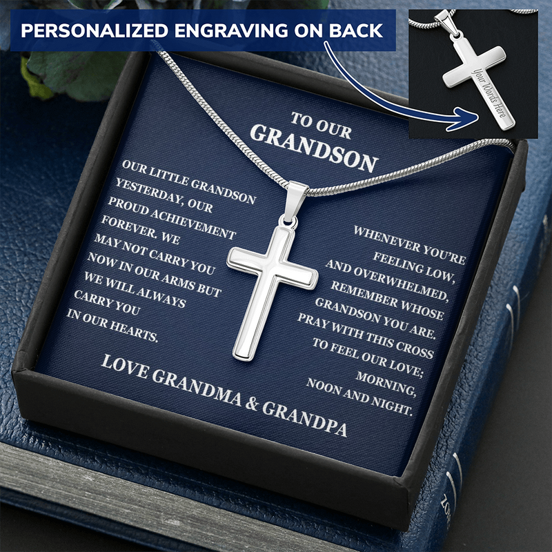 Personalized To Our Grandson Personalized Cross Necklace | Whenever You Are Feeling Low | Gift From Grandparents | Grandson Birthday, Graduation