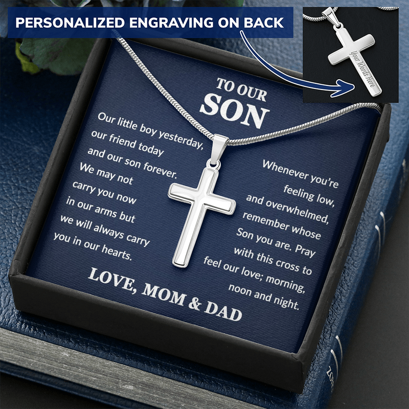 Personalized To Our Son Personalized Cross Necklace | Whenever You Are Feeling Low | Gift From Mom & Dad | Son Birthday, Graduation