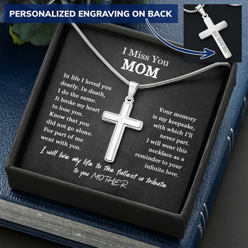 Engraved I Miss You Mom Cross Necklace Chain Link | Mom Memorial Necklace | Loss of Mother Gift | Mother Loss Sympathy Gift