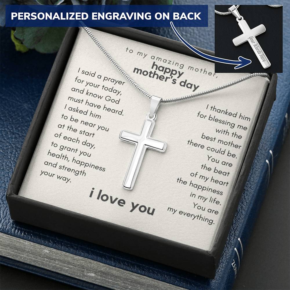 To My Amazing Mother, You Are My Blessing Mother's Day Prayer Cross Necklace w. Engraving