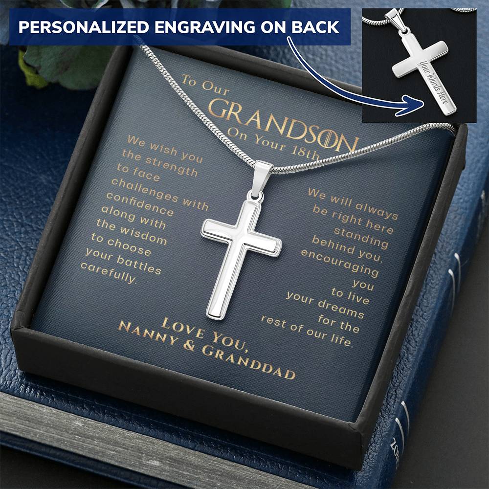 To Our Grandson on your 18th Birthday, Live Your Dreams Cross Necklace | Gift for Grandson from Grandmother & Grandfather | Grandson