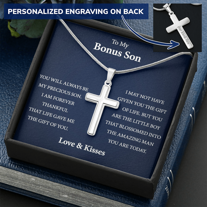 Personalized To My Bonus Son on his Graduation Day Cross Necklace Gift | Gift from Step Mom/ Bonus Mom | Gift from Step Dad / Bonus Dad