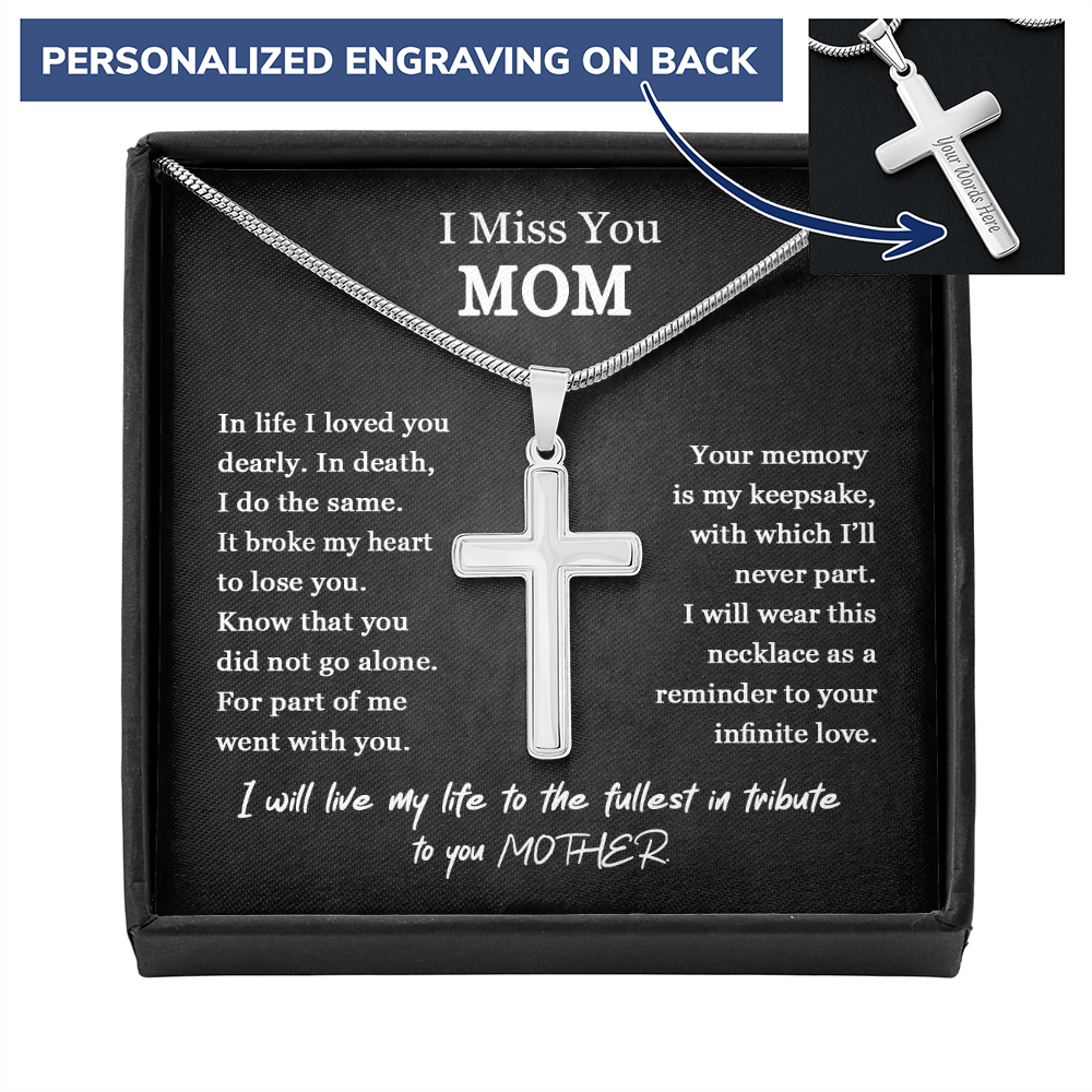 Engraved I Miss You Mom Cross Necklace Chain Link | Mom Memorial Necklace | Loss of Mother Gift | Mother Loss Sympathy Gift