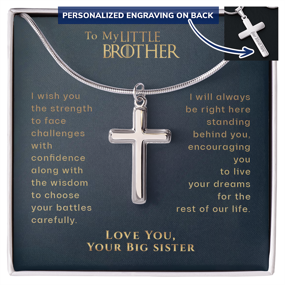 To My Little Brother Engraved Cross Necklace Gift, Gift For Little Brother from Sister, Graduation Gift, Birthday Gift For Brother