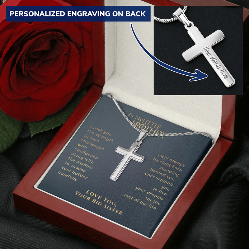 To My Little Brother Engraved Cross Necklace Gift, Gift For Little Brother from Sister, Graduation Gift, Birthday Gift For Brother
