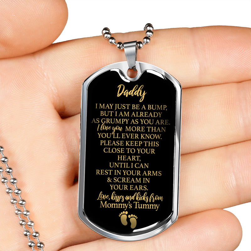 Funny "Daddy To Be" from Grumpy Baby Bump w. ENGRAVING Military Necklace