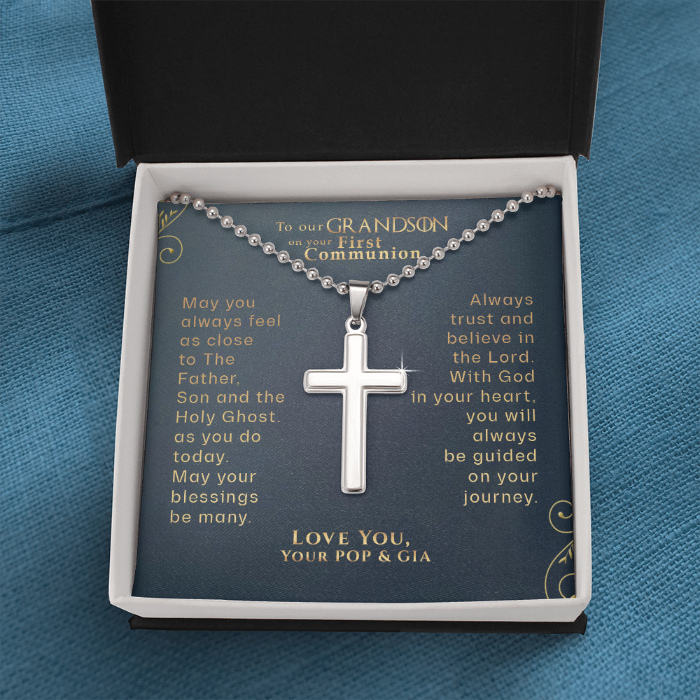Custom To Our Grandson On Your First Communion Cross Necklace Gift, From Grandparents First Communion Gift