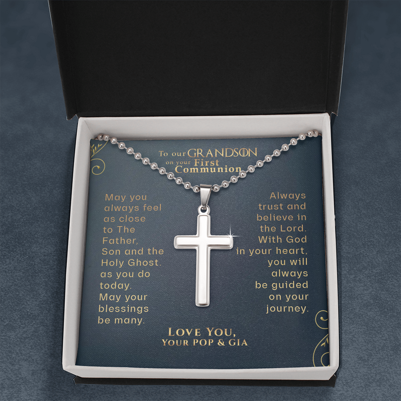 Custom To Our Grandson On Your First Communion Cross Necklace Gift, From Grandparents First Communion Gift