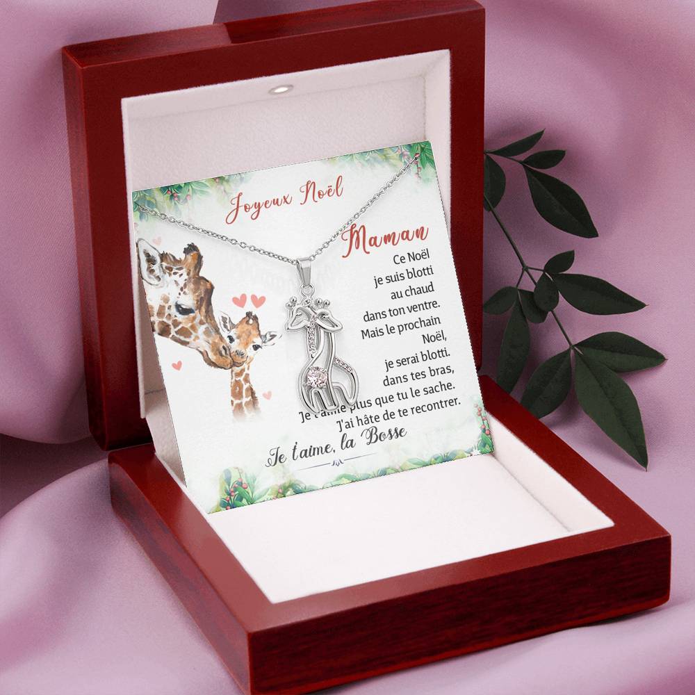 Maman Joyeux Noel Je T’aime La Bosse Giraffe Necklace, Christmas Gift for Future Mom