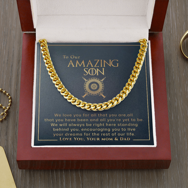 To Our Amazing Son Live Your Dreams Cuban Chain Necklace | Gift for Son from Mom & Dad | Son Christmas Gift, Birthday, Communion, Graduation Gift
