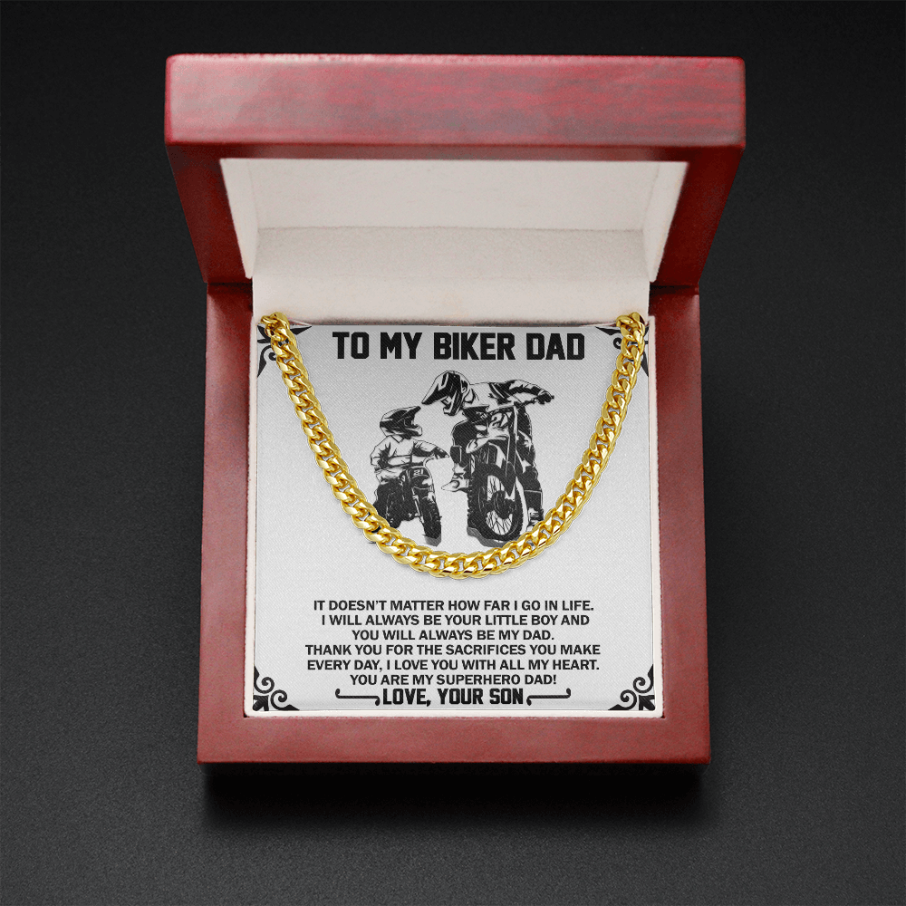 To My Biker Dad You Are My Super Hero Cuban Chain Link Necklace | Christmas, Birthday Gift from Your Son | Gift To Biking Dad from Son