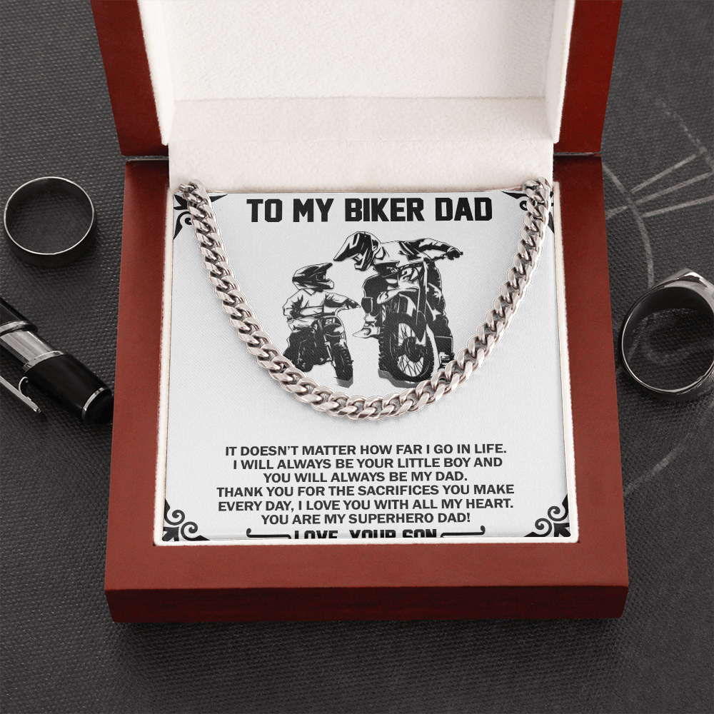 To My Biker Dad You Are My Super Hero Cuban Chain Link Necklace | Christmas, Birthday Gift from Your Son | Gift To Biker Dad from Son