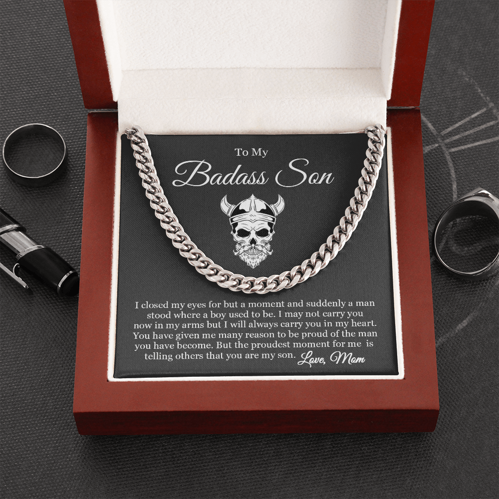To My Badass Son I Will Always Carry You in My Heart Link Chain Necklace |  Gift From Mom |  Christmas, Birthday, & Graduation Gift for Son