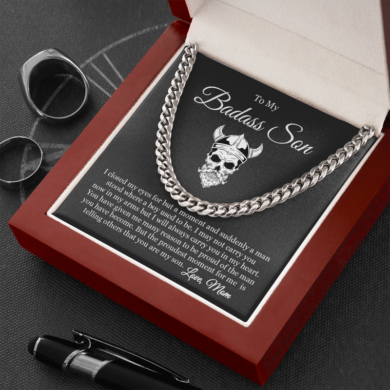 To My Badass Son I Will Always Carry You in My Heart Link Chain Necklace |  Gift From Mom |  Christmas, Birthday, & Graduation Gift for Son