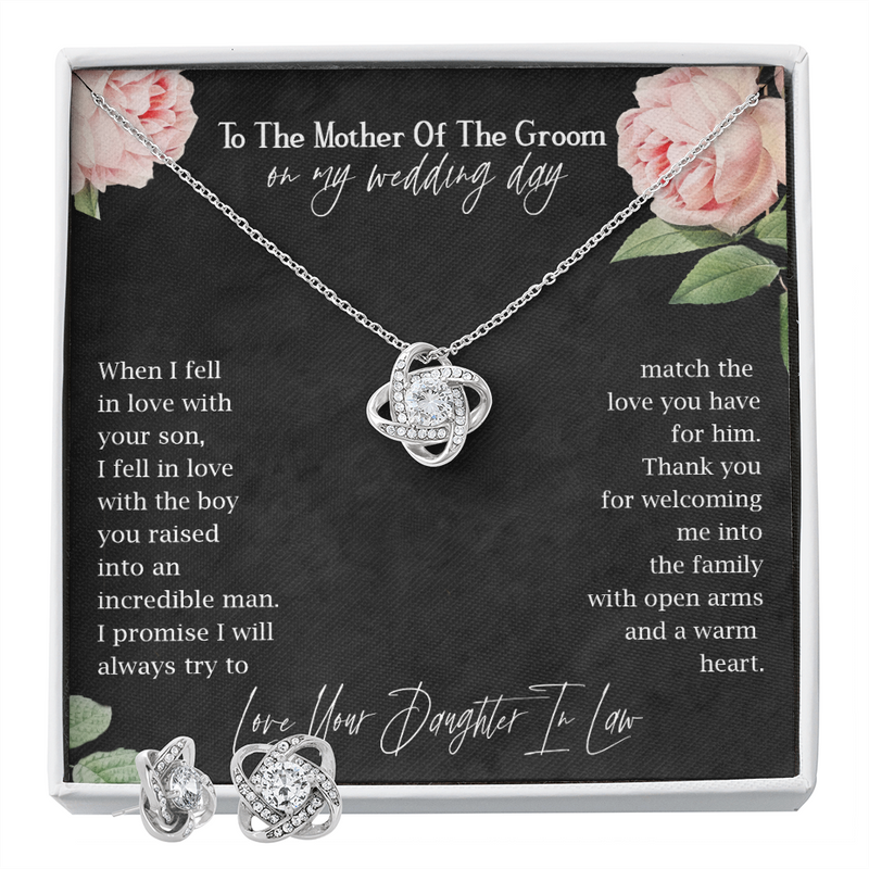 To The Mother Of The Groom On My Wedding Day Love Knot Earring & Necklace Set | Gift For Mother In Law